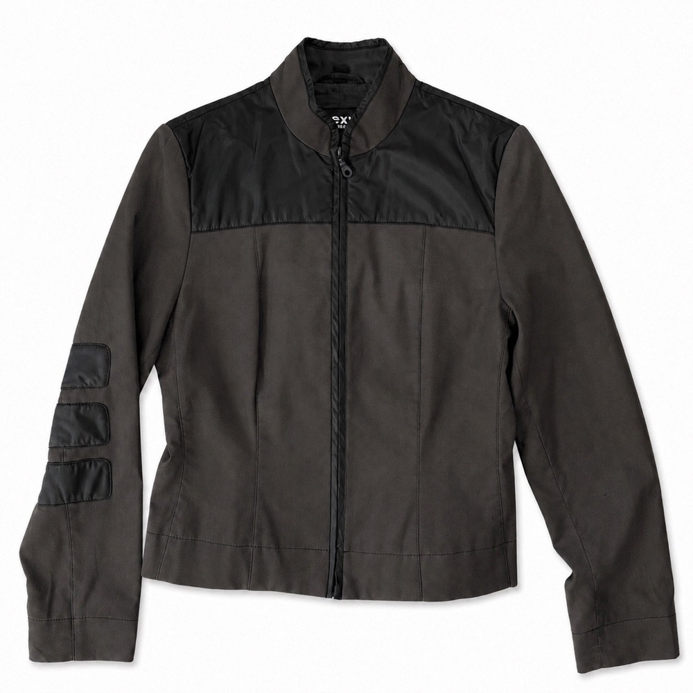 Mexx Women Green Moto Jacket Y2K Fitted Lightweight Contrast Panel Sleeve Patch